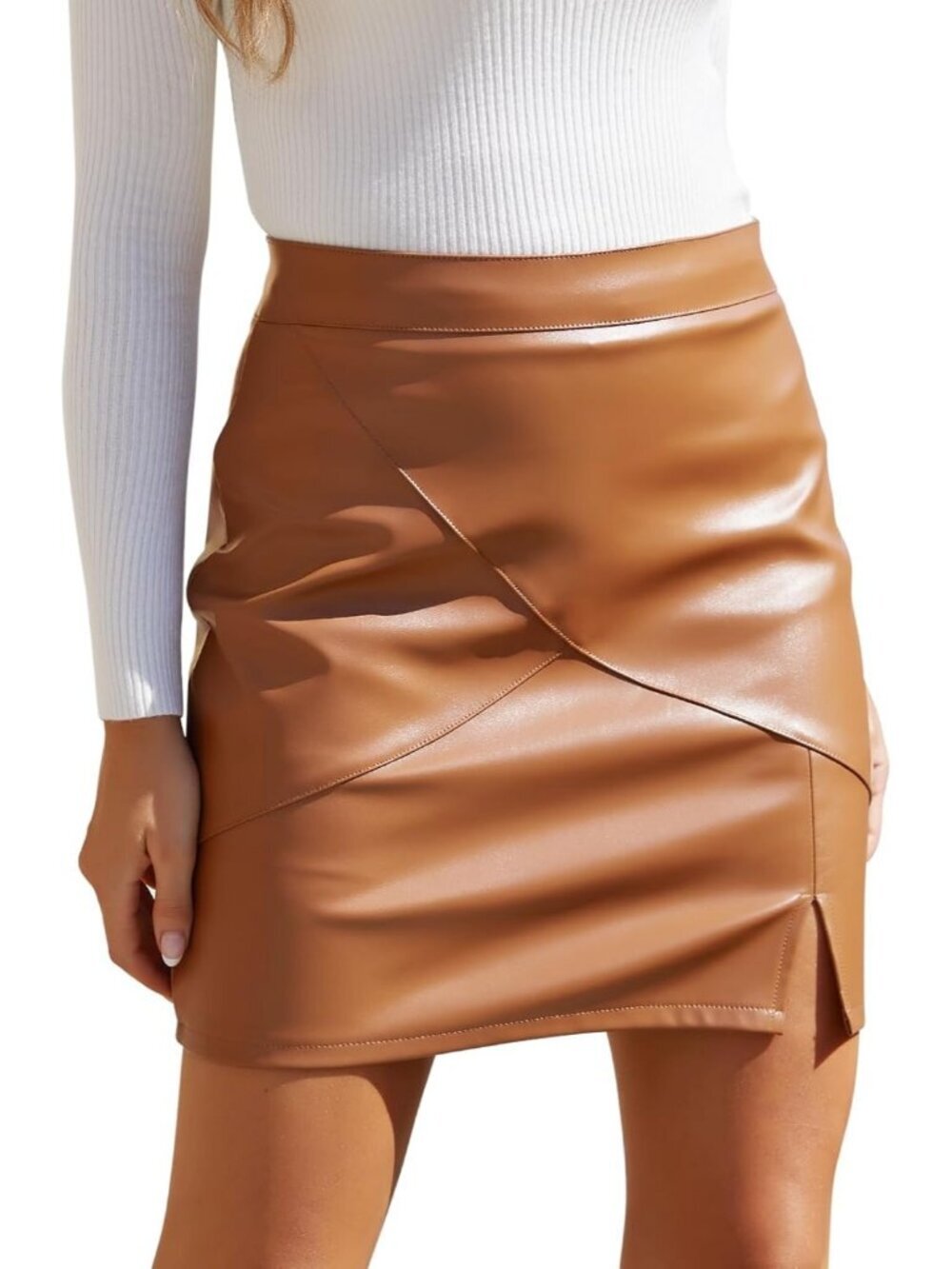 Women's Fuax Leather Skirt Brown High Waisted Bodycon Pencil Mini Skirts
